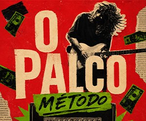 Arte oficial de O Palco, em vermelho, preto, creme e verde